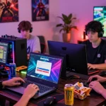 Pengguna rajatogel login dengan laptop dalam suasana bermain game online yang dinamis dan energik.