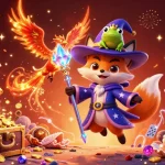 Explore the best payout casinos Australia with a vibrant 3D illustration of a wizard and phoenix.