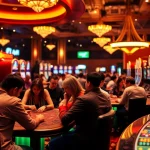 Permainan situs toto yang mensimulasikan pengalaman kasino dengan suasana ramai dan cahayanya berkilau.