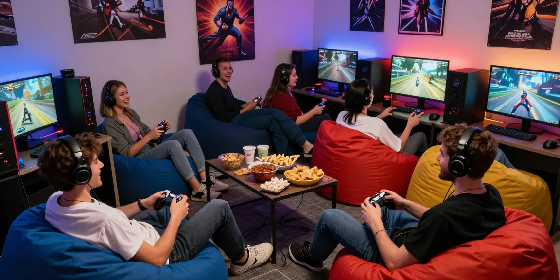 Interaksi seru dalam sesi permainan IMBAJP oleh sekelompok teman di ruang gaming yang nyaman.