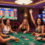 LUXURY777 Link Alternatif, suasana kasino mewah dengan teman merayakan kemenangan di mesin slot
