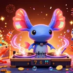 Permainan slot online gacor dengan DJ axolotl neon berputar rekaman emas dikelilingi karakter laut yang ceria.