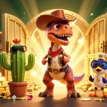 Menangkan toto togel dengan ilustrasi dinamis karakter dino dan slot yang cerah.