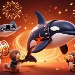 Experience the excitement with slot gacor gampang menang as the orca and otters celebrate with golden coins at a vibrant casino scene.