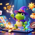 Engage with roofingrockfordil through a vibrant casino scene showcasing a wizard frog and chameleon amid golden storms.