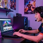 LUXURY777 Situs Resmi Terbaru dalam suasana permainan online yang dinamis, menampilkan pemain di meja gaming modern.