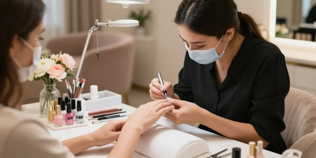 Proses perawatan kuku mewah LUXURY12 di salon dengan teknisi yang mahir dan alat canggih.