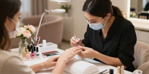 Proses perawatan kuku mewah LUXURY12 di salon dengan teknisi yang mahir dan alat canggih.