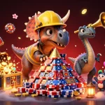Permainan slot gacor dengan karakter dinosaurus yang merayakan kemenangan di dunia kasino digital.