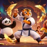 Experience the excitement of slot dana with this vibrant 3D illustration featuring animated characters amidst gold coins and game symbols.