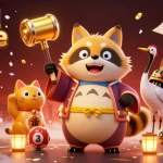Melihat togel online dengan karakter tanuki, kucing keberuntungan, dan elemen lotere berwarna-warni.