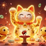 Nikmati suasana kasino dengan distritoteatral, kucing keberuntungan emas dan elemen permainan mengelilingi.