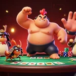 Engage with ahha4d in a vibrant poker showdown featuring a sumo wrestler rooster and samurai cricket.