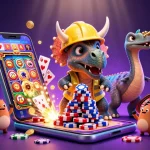 Engage in judi bola online action with a colorful scene of dinosaurs celebrating wins in a casino.