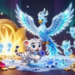 Engage with platform NusaGG's vibrant casino art featuring an enchanting ice phoenix and dynamic gaming elements.