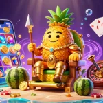 Spin to win with ahha4d in a vibrant 3D casino scene featuring a golden pineapple king.