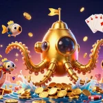 Permainan slot777 yang mengasyikkan dengan mesin slot dan tumpukan koin emas.