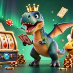 BOLASLOT88 menampilkan ilustrasi 3D dengan karakter kartun T-Rex, pterodactyl, dan triceratops di lingkungan kasino yang mewah.