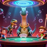 Situs slot terbaik menampilkan brontosaurus menyenangkan dengan simbol jackpot di kasino yang penuh warna.