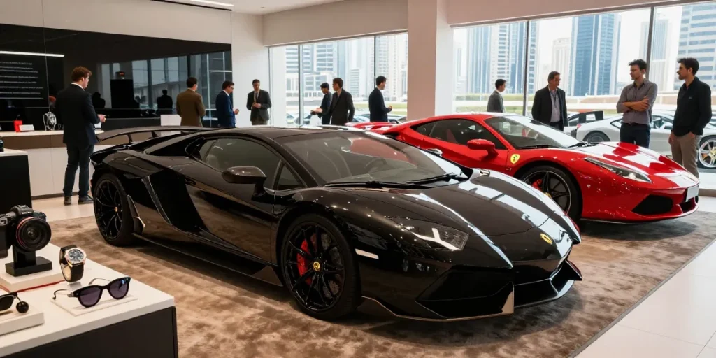 Menikmati pengalaman sewa mobil mewah LUXURY 777 di showroom Dubai.