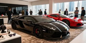 Menikmati pengalaman sewa mobil mewah LUXURY 777 di showroom Dubai.
