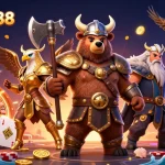 Bolaslot88 Daftar showcases an epic 3D cartoon scene with a berserker bear and Valkyrie eagle surrounded by casino thrills.