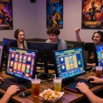 Engaged players enjoying toto slot games on multiple devices in vibrant online casino atmosphere.