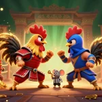 Experience thrilling action at Jurus 138 with stylized roosters in a dynamic gambling showdown.