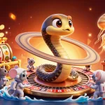Experience thrilling gaming with mega99 as astronaut mice bet on a roulette-like Saturn, vibrant treasure flooding the scene.