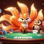 Engage in situs judi bola with a vibrant illustration featuring poker elements and mystical characters.