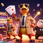 Experience situs slot fun with raptors entering a VIP casino lounge, bursting with casino elements.