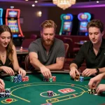 Engaging tempototo gaming scene with diverse friends enjoying poker at a casino.