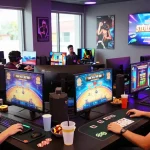 Players enjoying various situs slot games in a vibrant gaming lounge