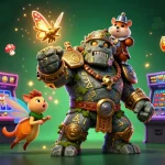Permainan slot v21 dengan golem hidup dan ksatria hamster dalam ilustrasi 3D penuh warna.