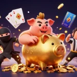 Watch the 888r piggy bank sumo wrestler shake loose golden coins in this vibrant casino scene.
