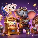 Permainan slot toto hk menampilkan gajah steampunk yang mengoperasikan mesin slot emas, dikelilingi oleh koin emas dan kartu permainan.