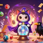Engage with bolaslot99 link in a vibrant casino scene featuring a mystic cat and a tarot raven.