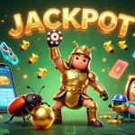 11win showcases a victorious beetle lifting a poker chip with colorful gambling symbols in a lively casino atmosphere.