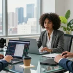 Group of professionals discussing link slot opportunities in modern office setting.