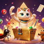 Experience 4D excitement with a dynamic scene of a mummy cat in a vibrant pyramid casino.