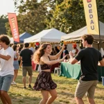 Acara festival outdoor ceria menunjukkan ligagalaxy dengan teman-teman menikmati makanan lokal dan aktivitas.