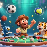 Kuy138 mengelola kasino prasejarah dengan pion poker dan dadu di antara bola olahraga yang terbang.