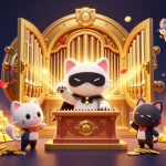 Immerse yourself in 7777w's thrilling gameplay with a whimsical casino scene featuring a masked cat playing the organ.