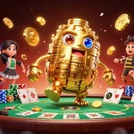 Experience the thrill with superjp88, featuring a golden golem and vibrant poker elements.