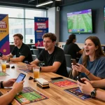 tempototo daftar for sports betting enthusiasts enjoying live matches and placing bets in a vibrant lounge.